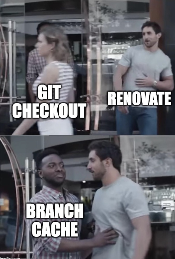 The "bro, not cool" meme. Renovate turns to chase git checkout walking past, and the branch cache puts a hand on his chest to stop him.